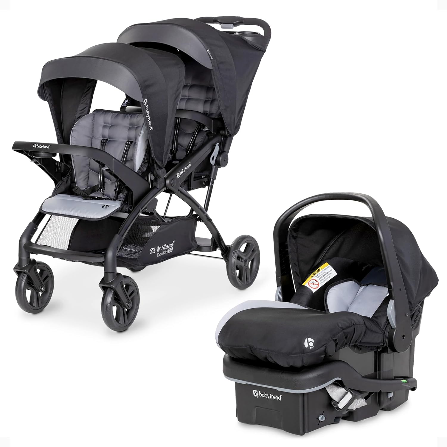 Baby Trend Infant and Toddler Double Stroller & Car Seat Combo, 2 Pc Set, Stormy - Lightweight and Compact Travel Stroller and Carseat Tandem for Babies, Infants, and Toddlers