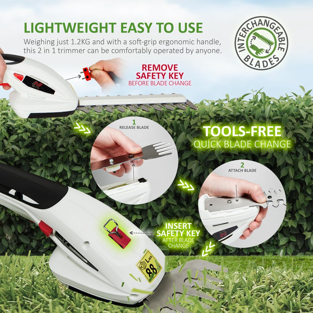 2-in-1 Cordless Hedge Trimmer & Grass Shear 7.2V 1500mAh 17cm Blade Black White