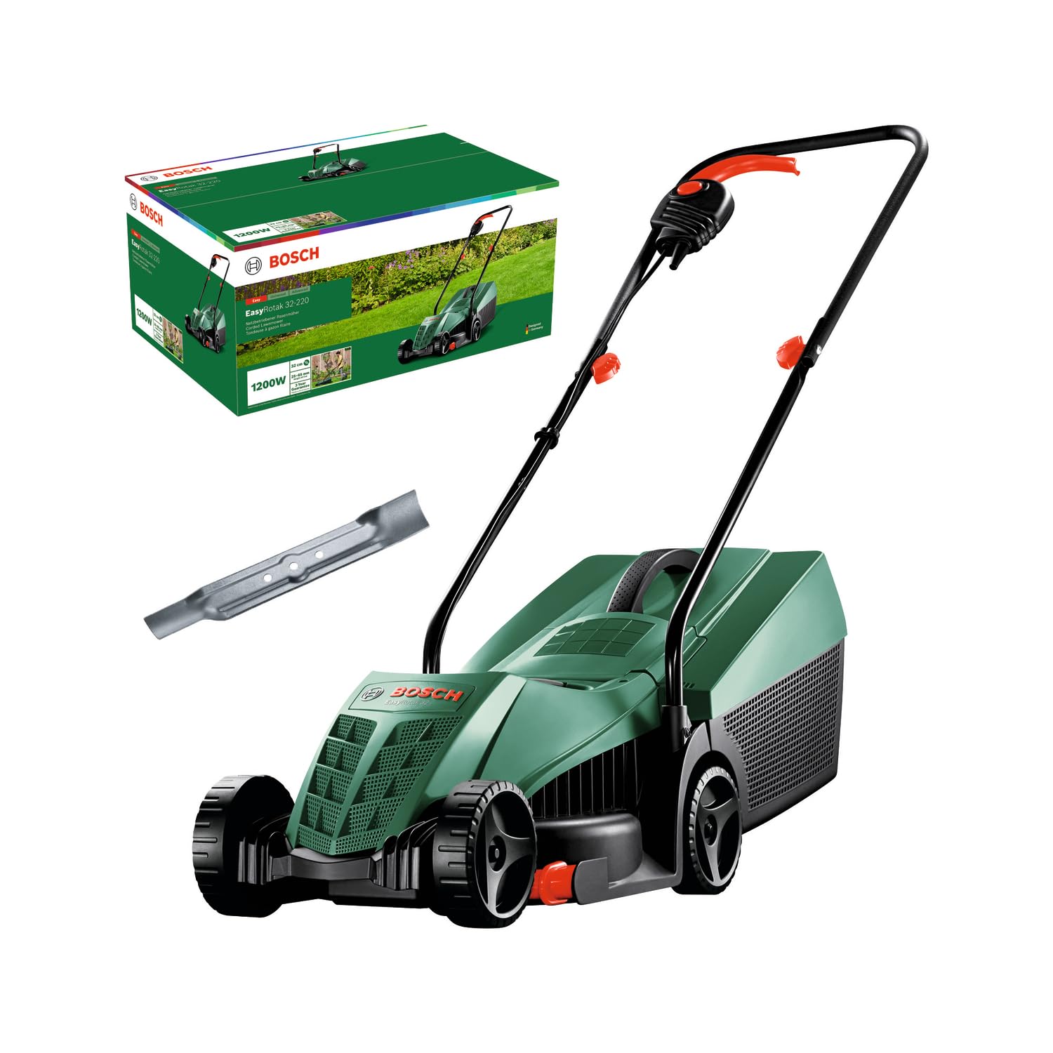 Corded Lawn Mower 32cm 1200W 31L Grass Box Extra Blade