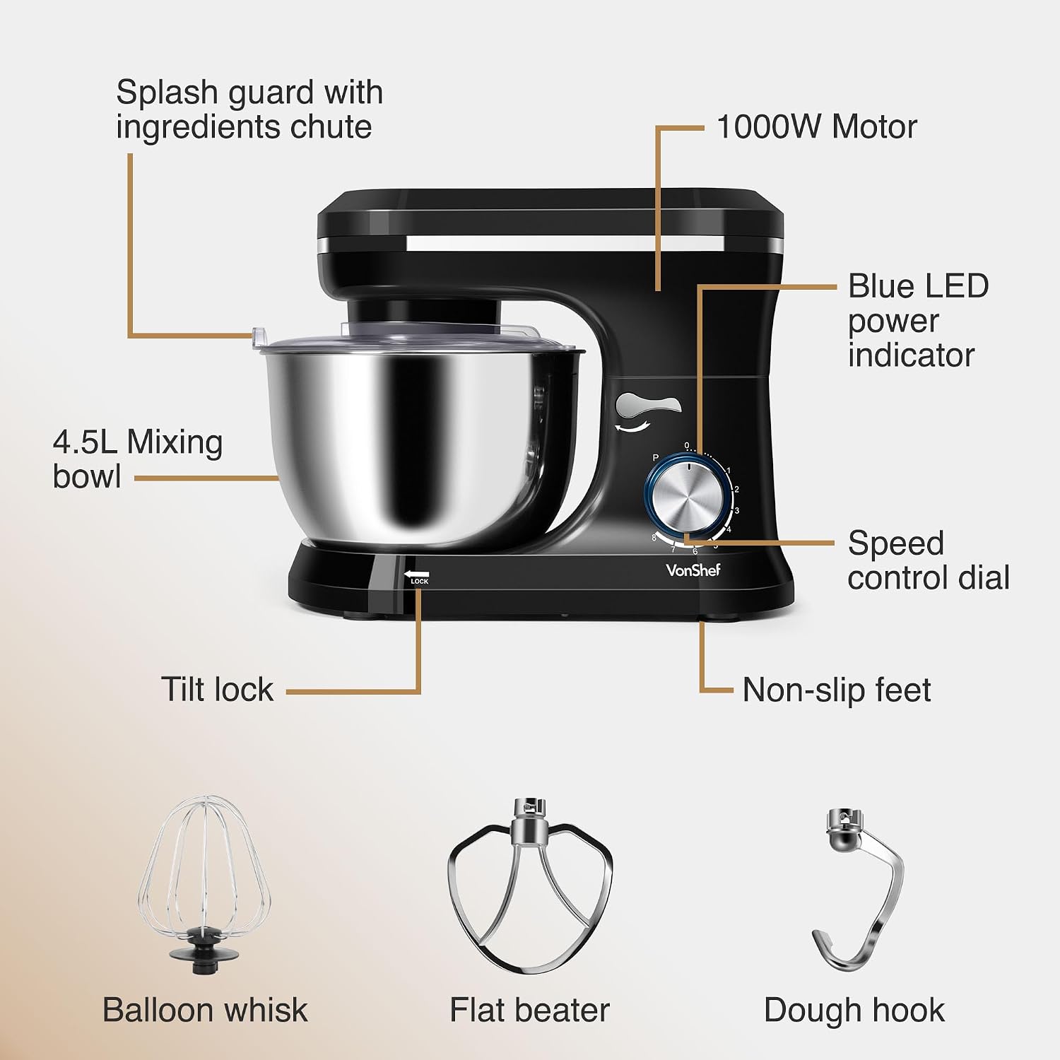Stand Mixer 4.5L 1000W 8 Speeds With Pulse Function Black