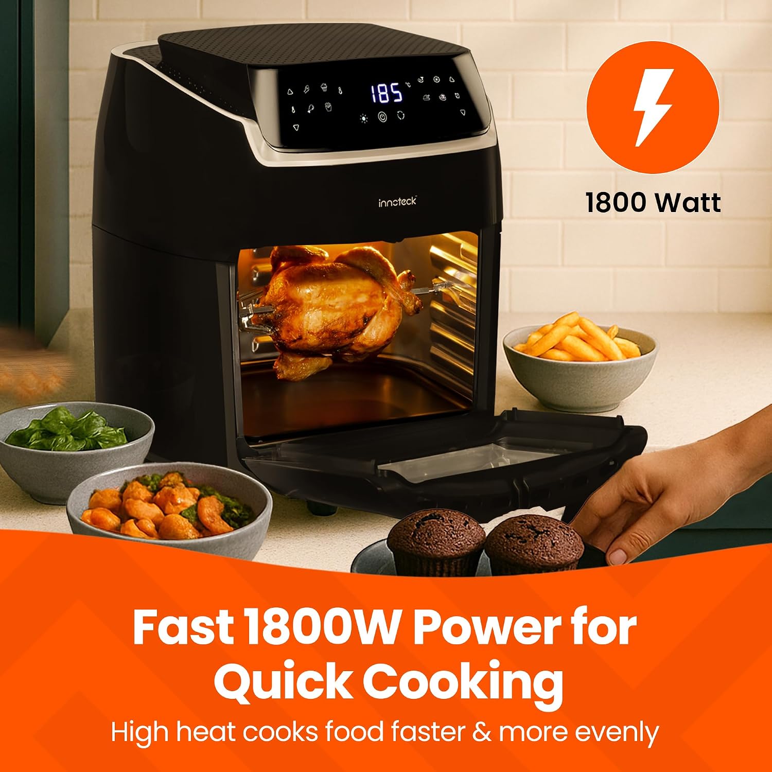 Digital Air Fryer Oven 12L 1800W 8 Presets Rotisserie Black