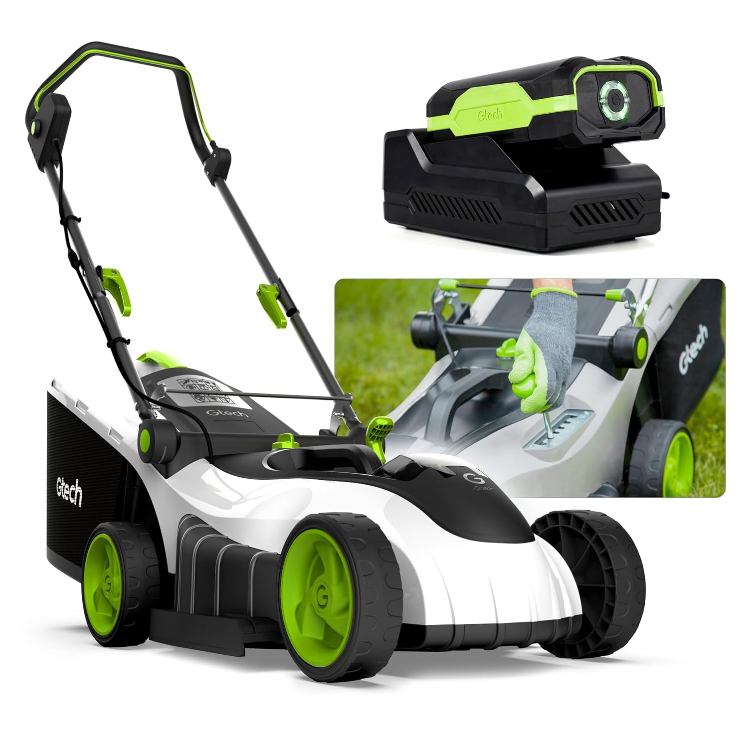 Cordless Electric Lawnmower 25cm 10in 5200RPM 18V 30 Mins Runtime Grey Green White