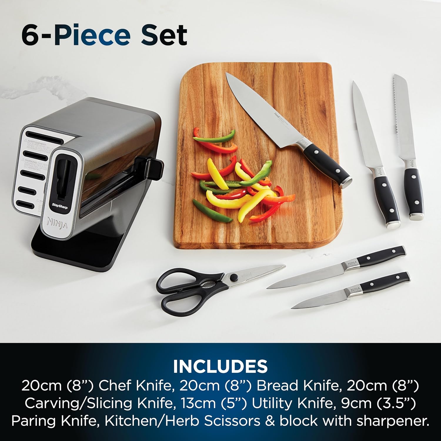 Knife Block Set With Integrated Sharpener 6-Piece Stainless Steel Black