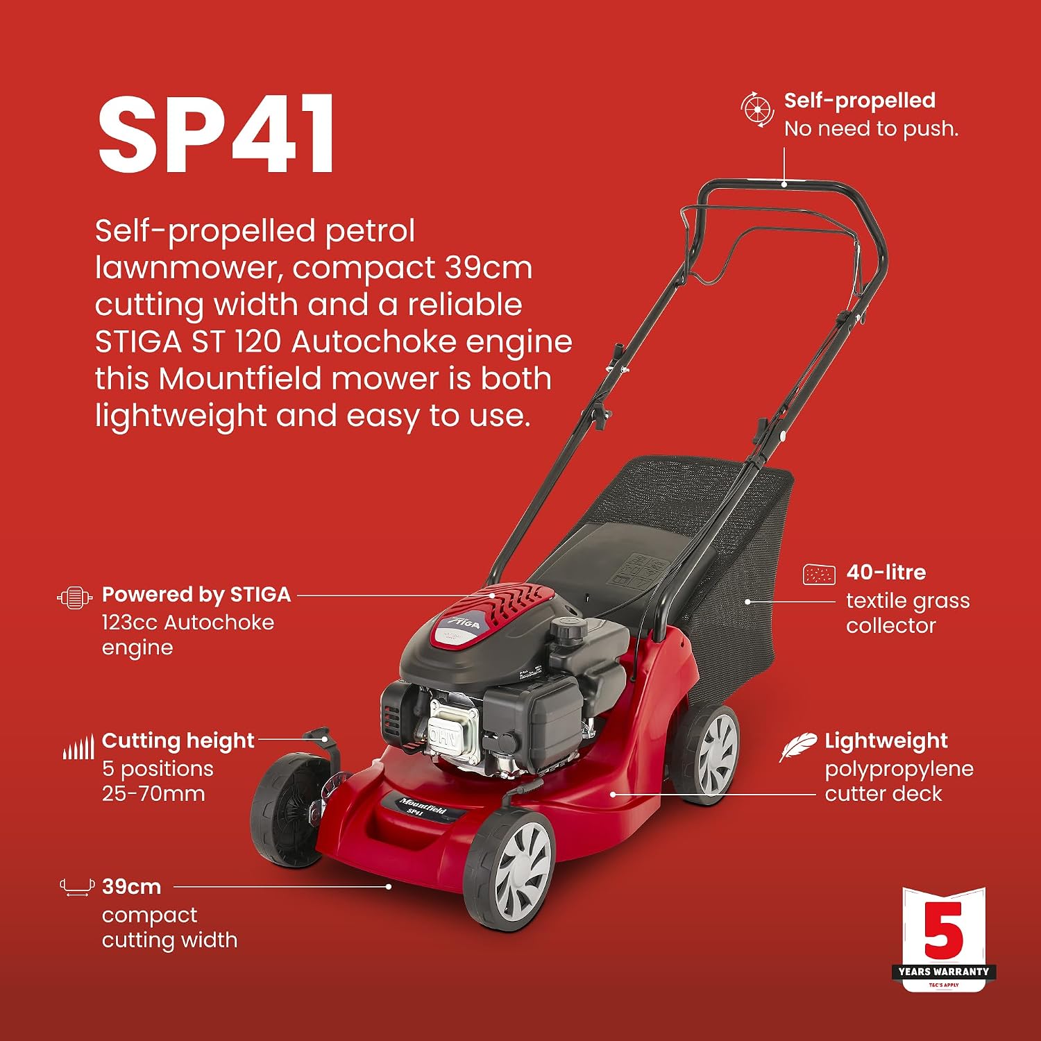 Self-Propelled Petrol Lawnmower 39cm 123cc 40L Grass Collector Red