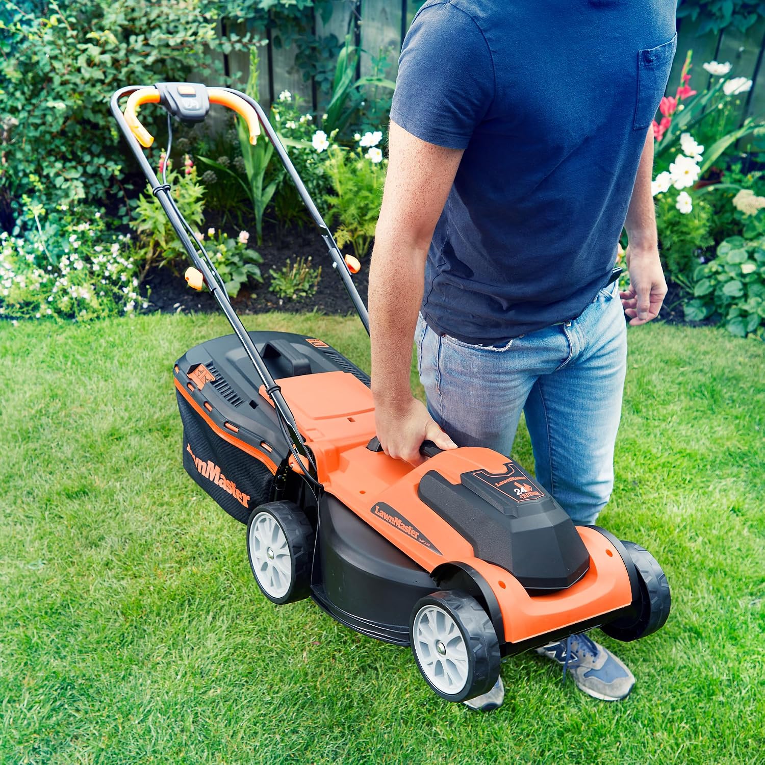Cordless Lawn Mower 34cm 24V 2x4.0Ah Batteries Rear Roller