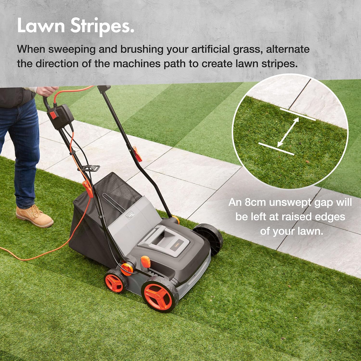 Corded Electric Artificial Grass Sweeper 1800W 45L Bag 370mm 5 Heights Grey Black Orange