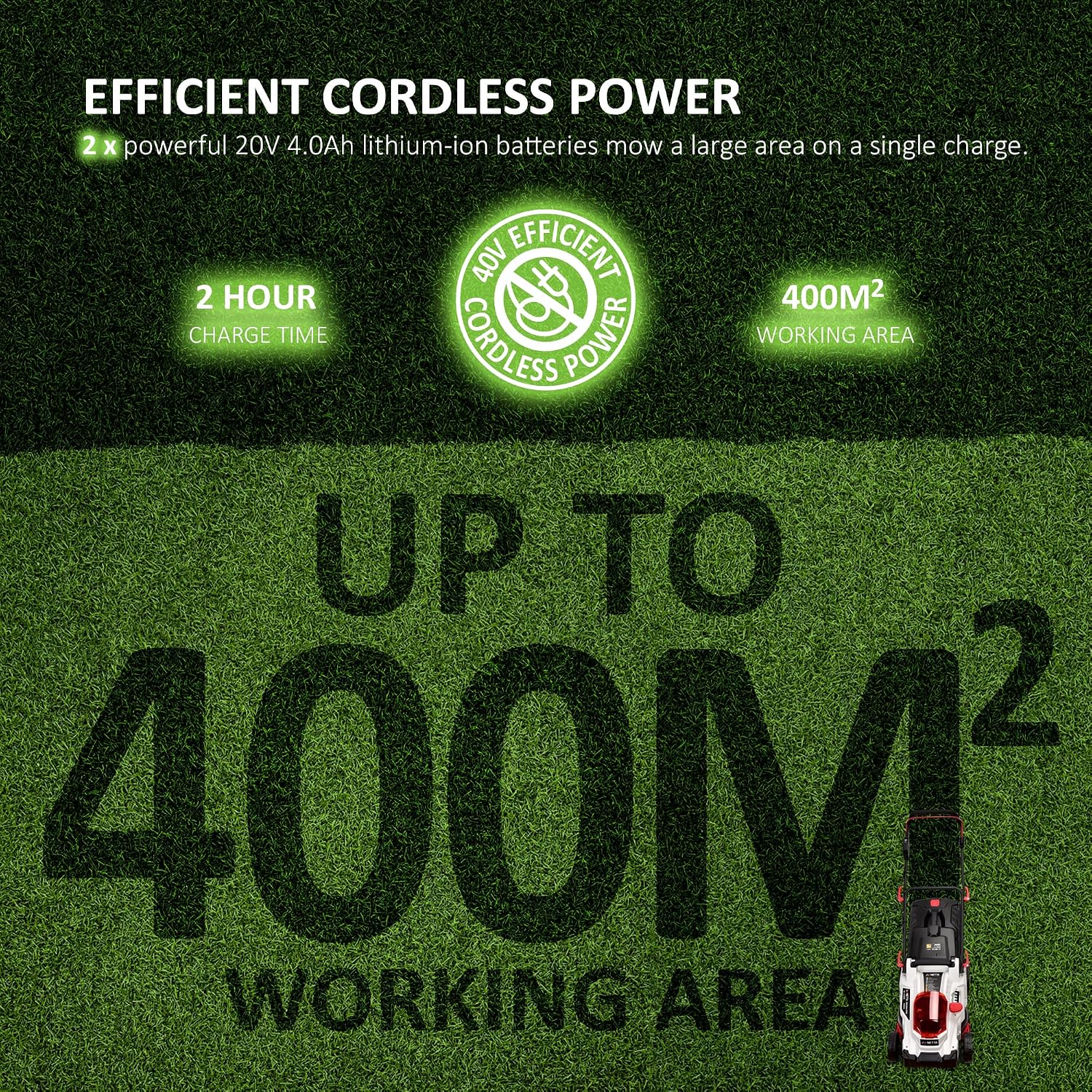 Cordless Lawn Mower 37cm 40V 2x4.0Ah Batteries 6 Heights 35L