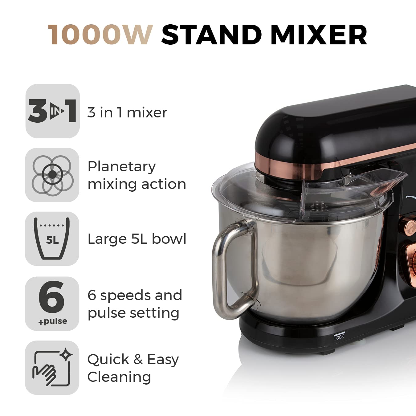 Stand Mixer 5L 6 Speeds Pulse Function 1000W Rose Gold
