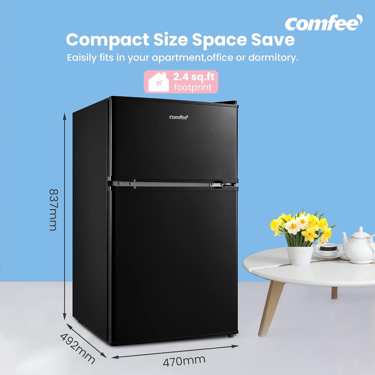 Under Counter Fridge Freezer 87L Double Door Reversible Door Black