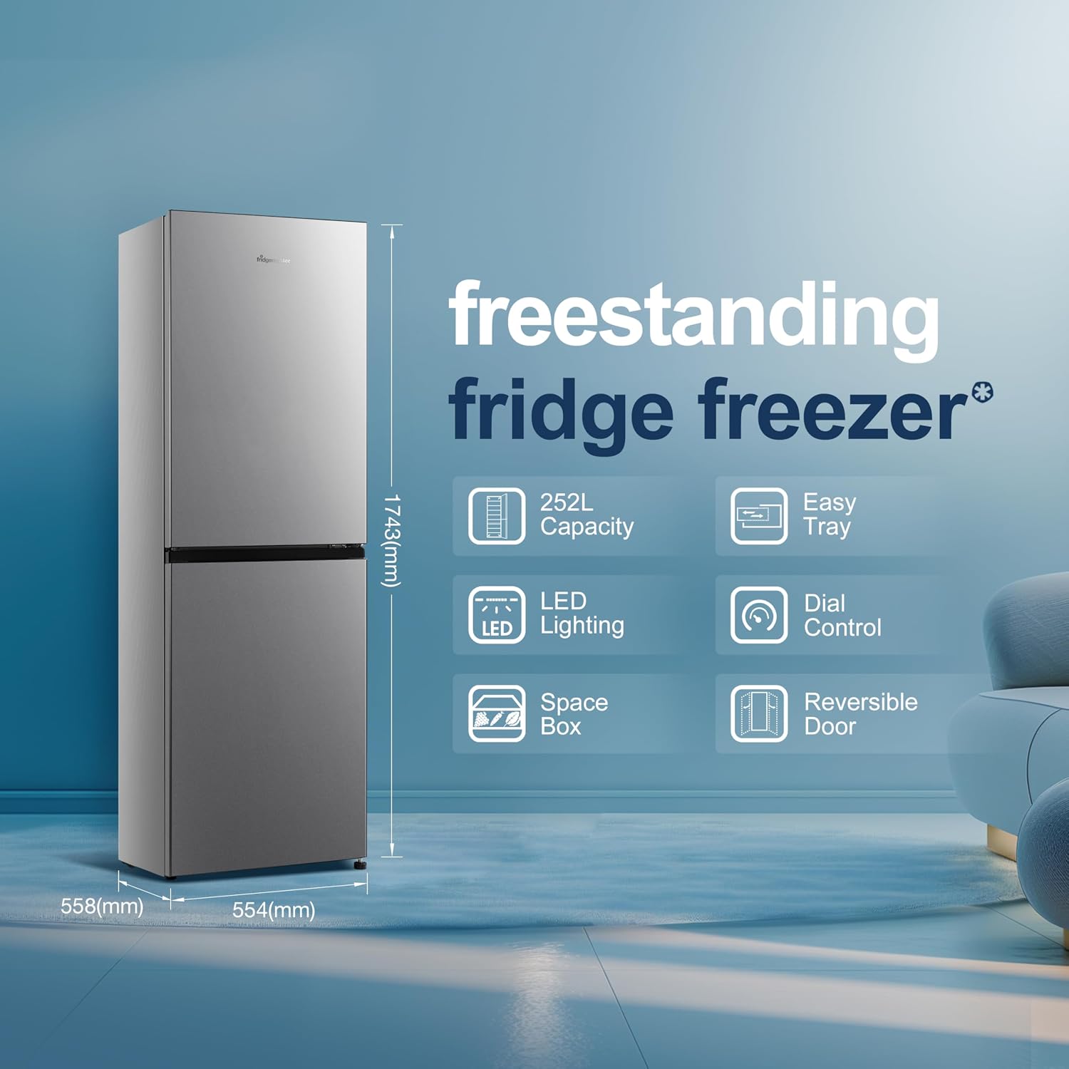 Freestanding Fridge Freezer 252L 50/50 No Frost LED Silver