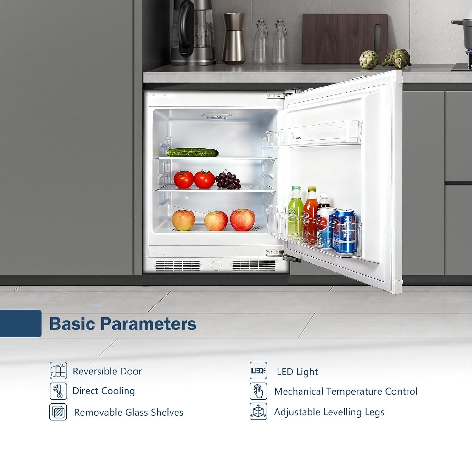 Integrated Under Counter Fridge 110L LED Light Reversible Door White