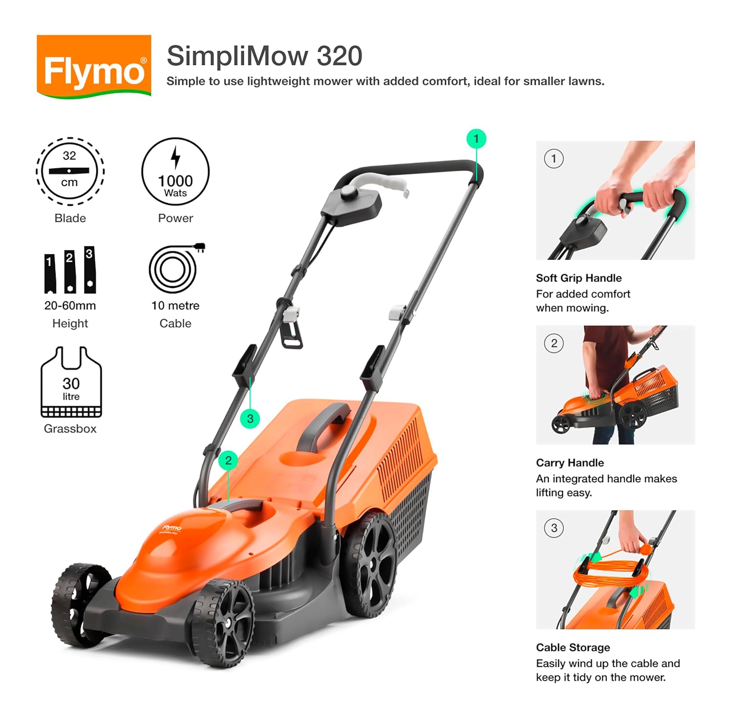 Corded Wheeled Lawn Mower 32cm 1300W 30L Grass Box Orange Grey