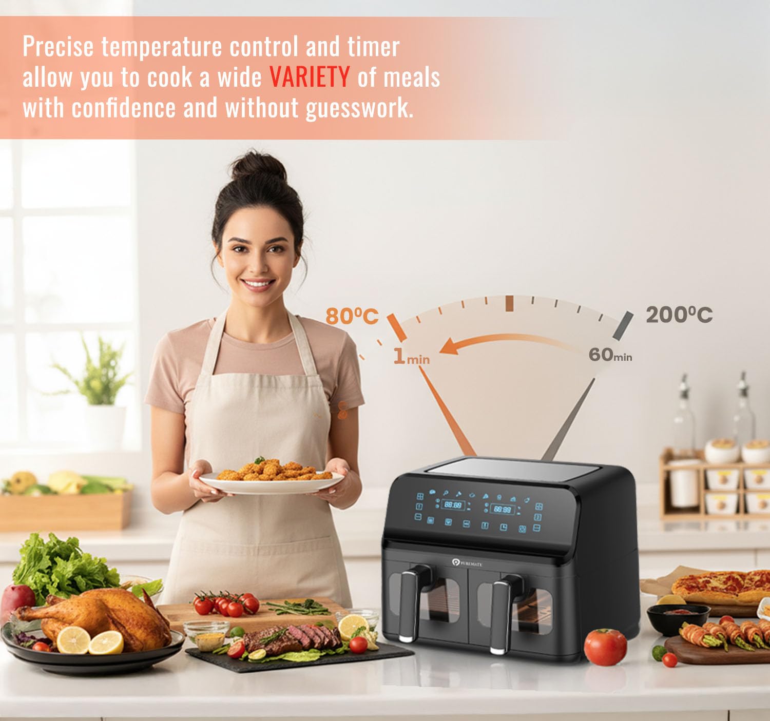 Dual Air Fryer 9L 2500W 8 Presets Digital Display Black