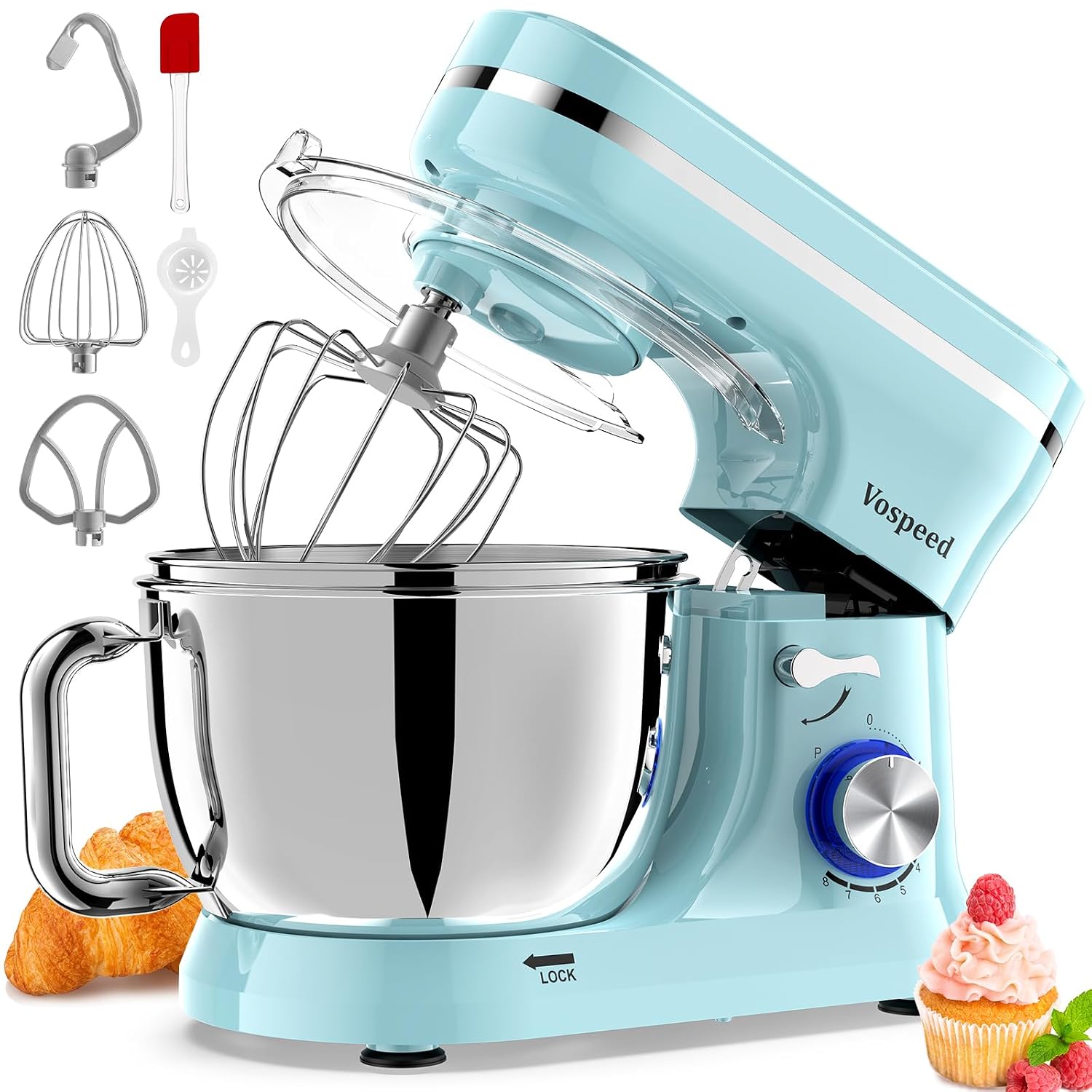 Stand Mixer 4.5L+5L Bowls 8-Speed 1000W Tilt-Head Blue