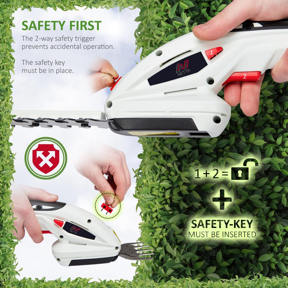 2-in-1 Cordless Hedge Trimmer & Grass Shear 7.2V 1500mAh 17cm Blade Black White