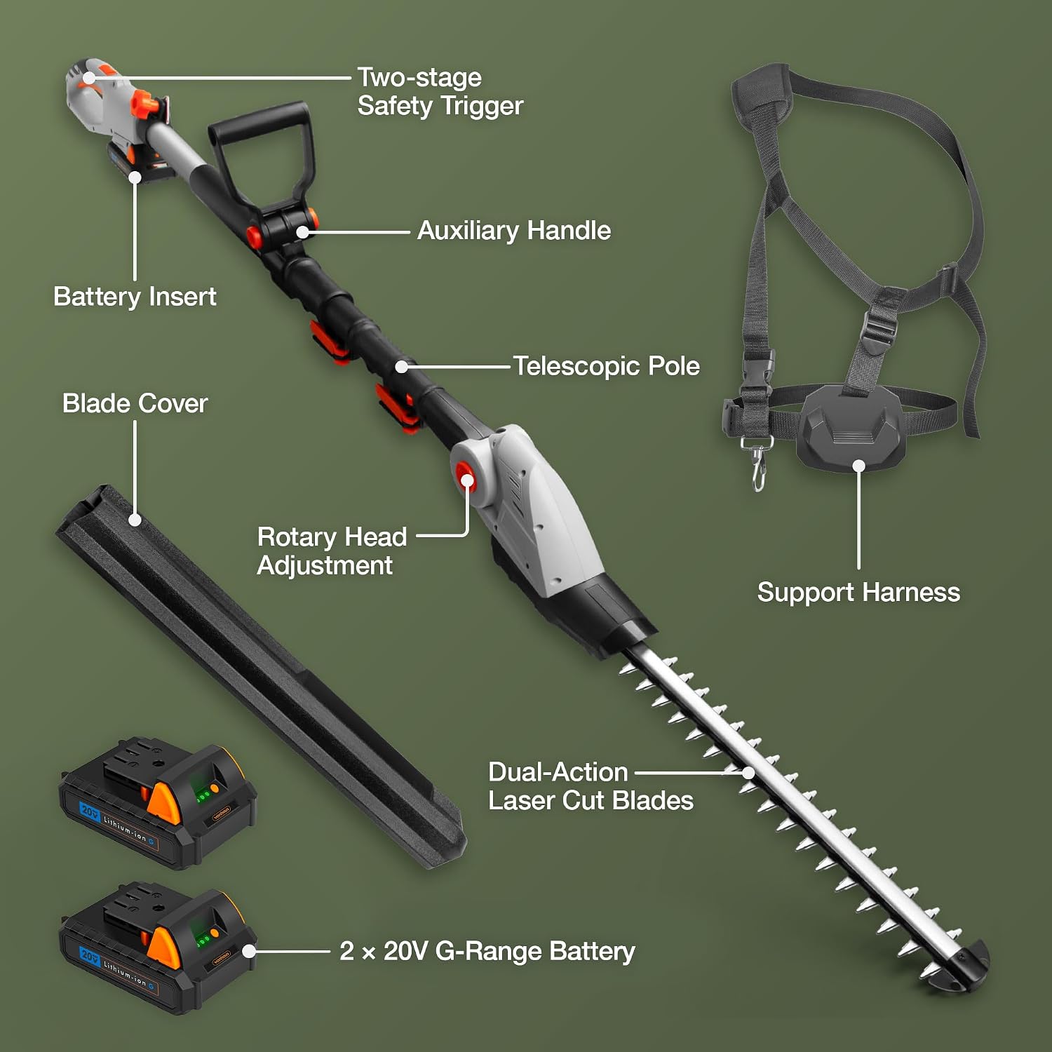 Cordless Pole Hedge Trimmer 193-244Cm 20V 2 Batteries Harness Grey