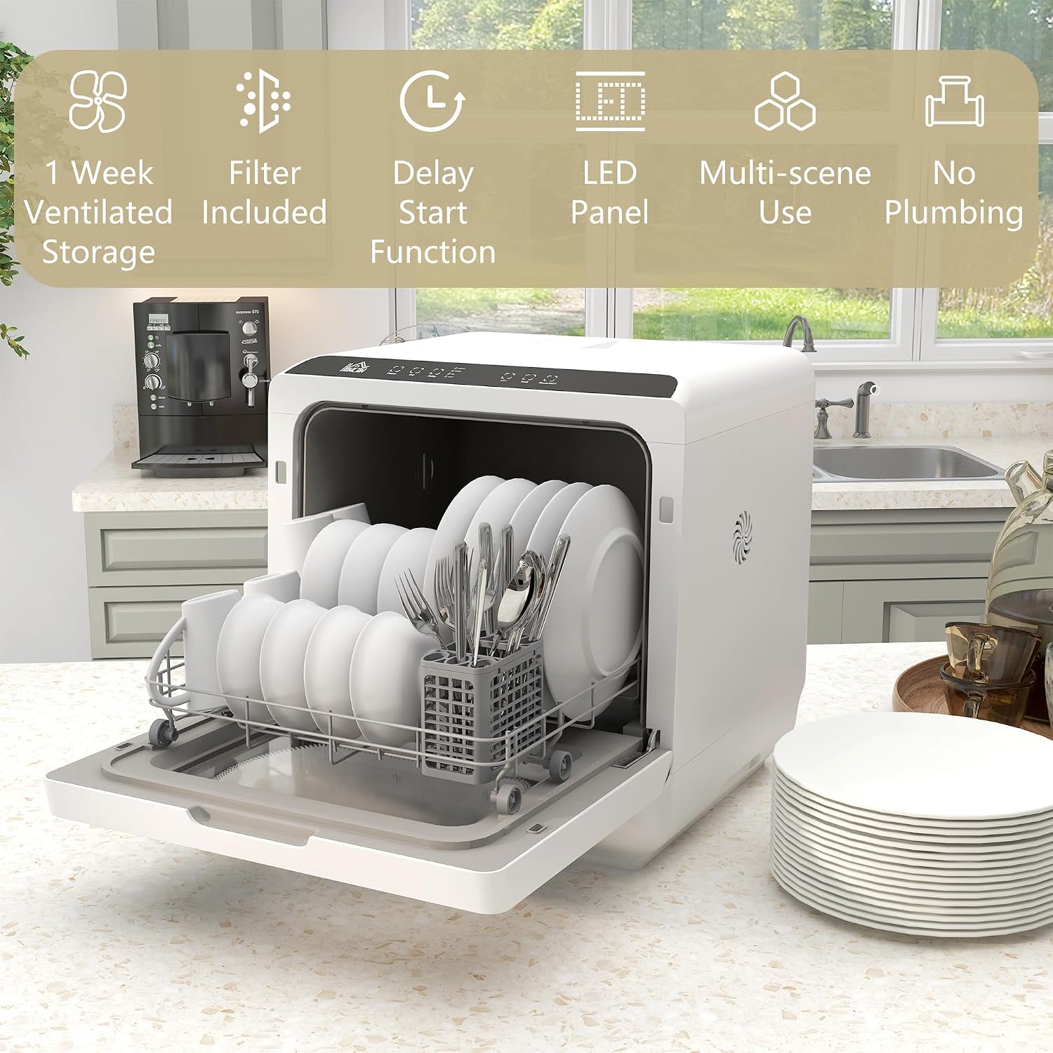 Table Top Dishwasher 6L Built-In Tank 4 Place Settings Touch Control White