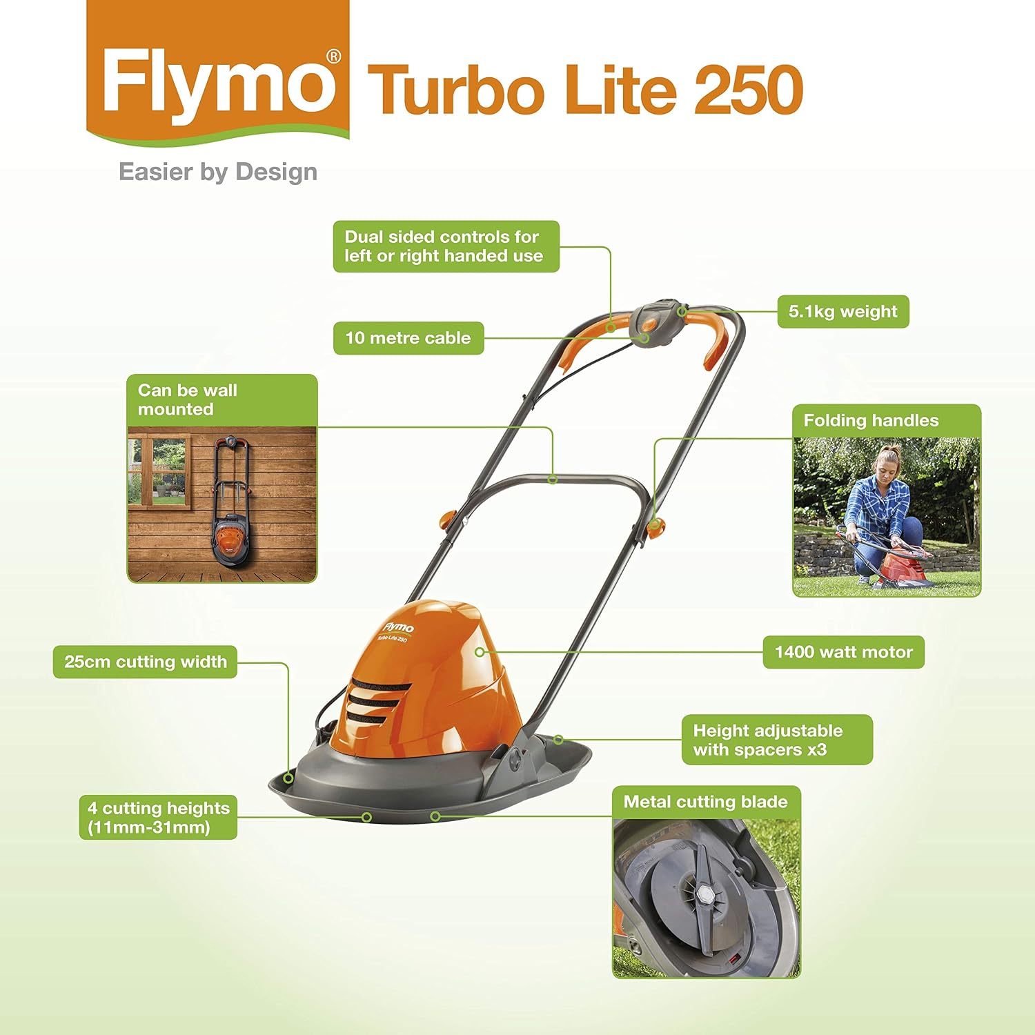 Electric Hover Lawn Mower 1400W 25cm 3 Heights 10m Cable Orange Grey