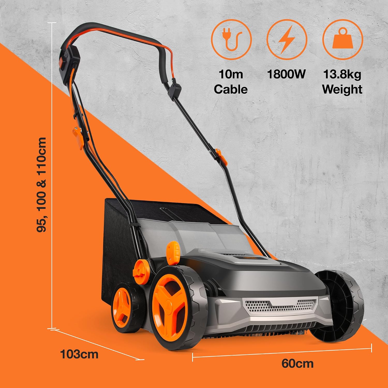 Corded Electric Artificial Grass Sweeper 1800W 45L Bag 370mm 5 Heights Grey Black Orange