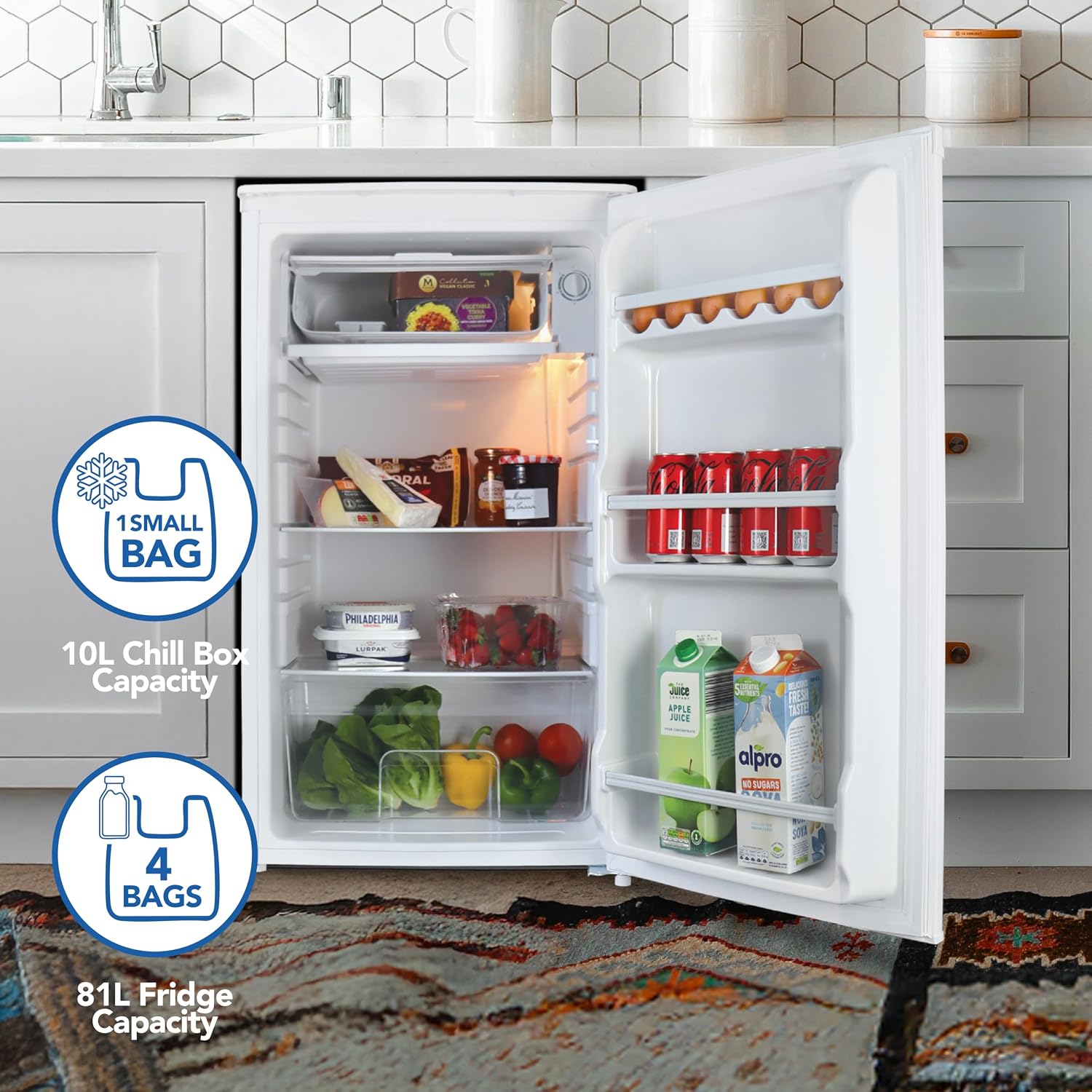 Under Counter Fridge 91L 48cm Chill Box Reversible Door White