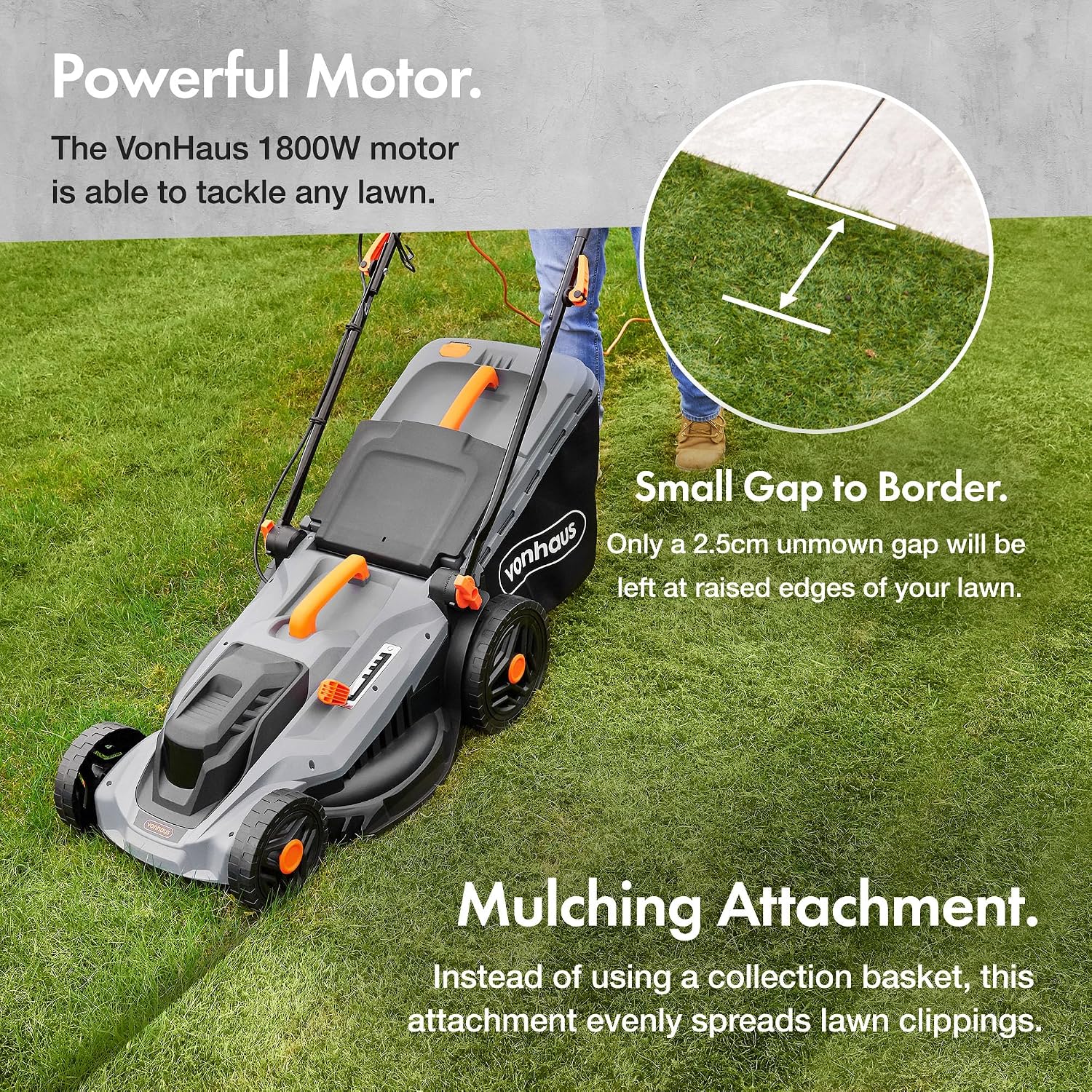 Corded Electric Hover Lawn Mower 1800W 43cm 52L 5 Heights Orange Grey