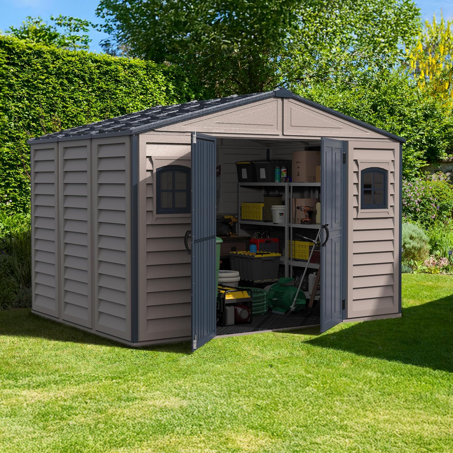 Plastic Garden Storage Shed 10.5 X 8 Ft Double Doors Lockable Dark Grey