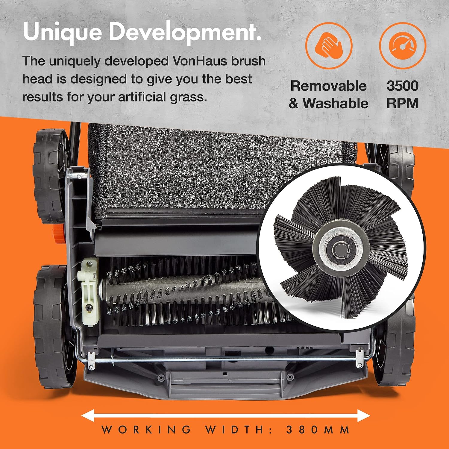 Corded Electric Artificial Grass Sweeper 1800W 45L Bag 380mm 5 Heights Grey Black Orange