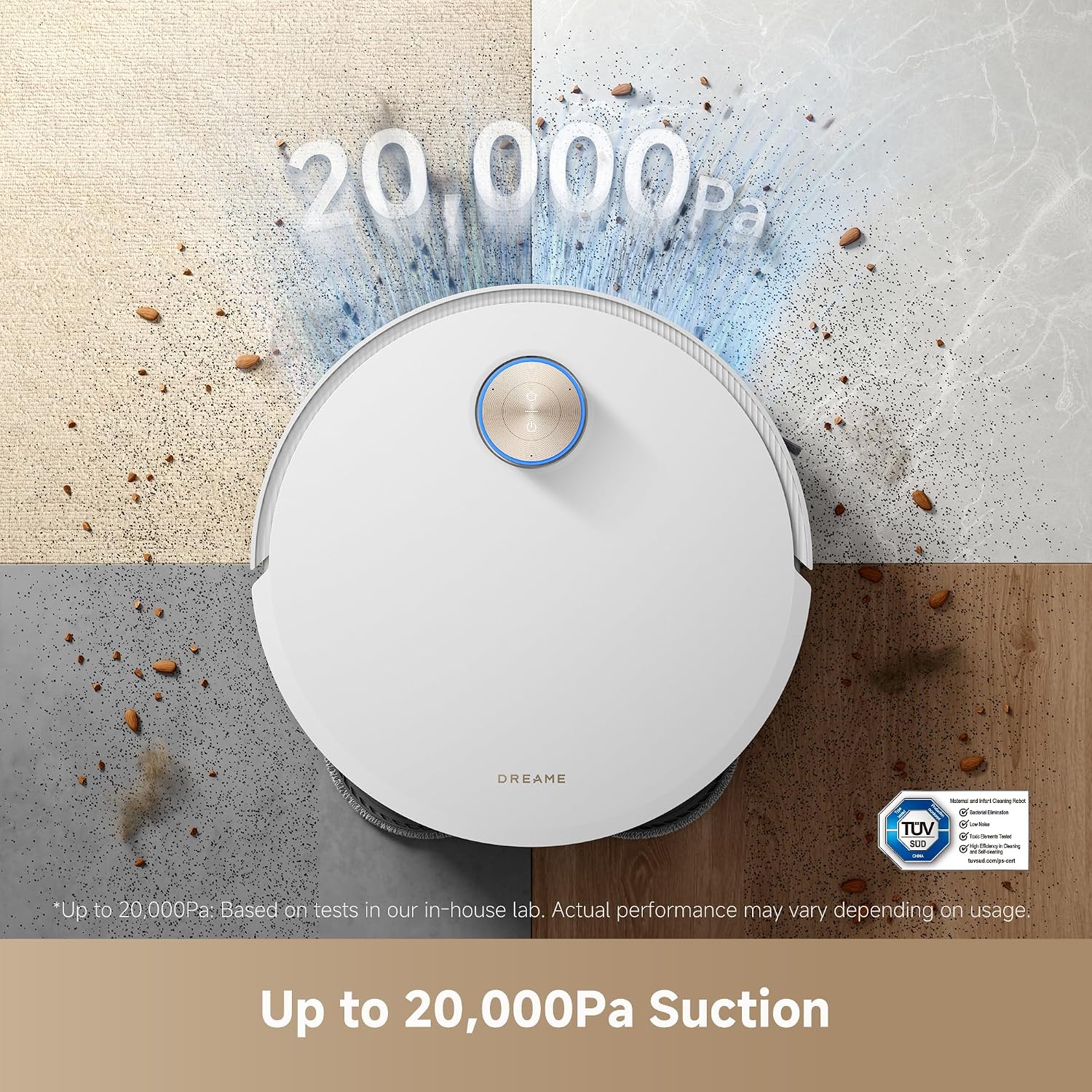 Robot Vacuum And Mop 20000Pa Conquers Obstacles Up To 2.4In Liftable Brush And Mops White