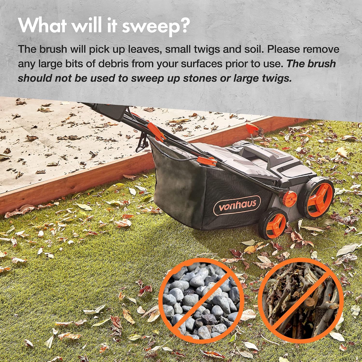 Corded Electric Artificial Grass Sweeper 1800W 45L Bag 380mm 5 Heights Grey Black Orange